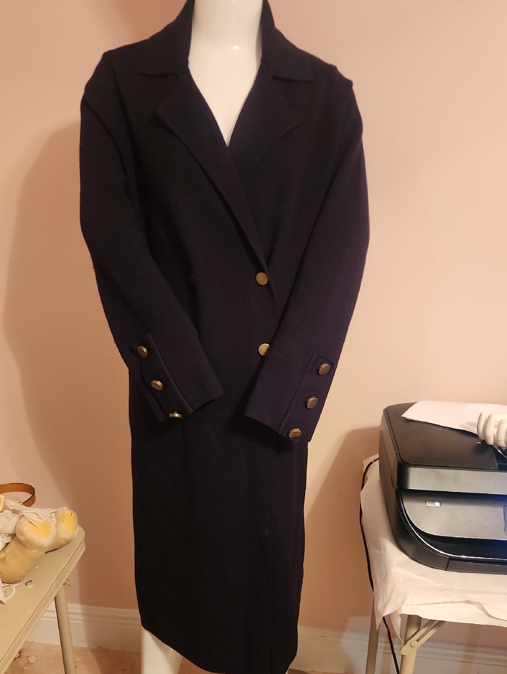 Zara Women's Long Navy Wool Sweater Coat with Gold Buttons Double Breast